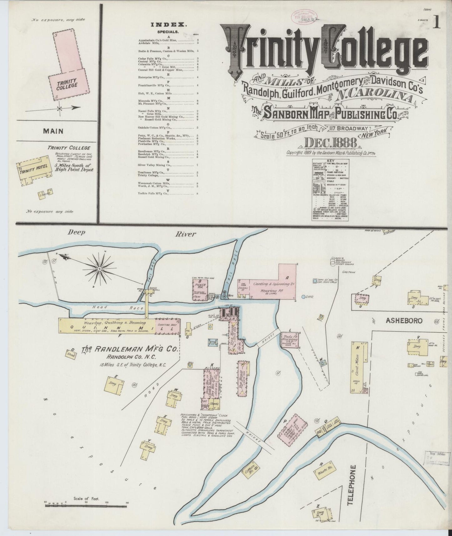 Sanborn Fire Insurance Map from Trinity College, Randolph County, North Carolina (1888), Sheet #0001 - Historic Sanborn Fire Insurance Map Print, vintage old map wall art, antique decor, genealogy gift, North Carolina North Carolina map