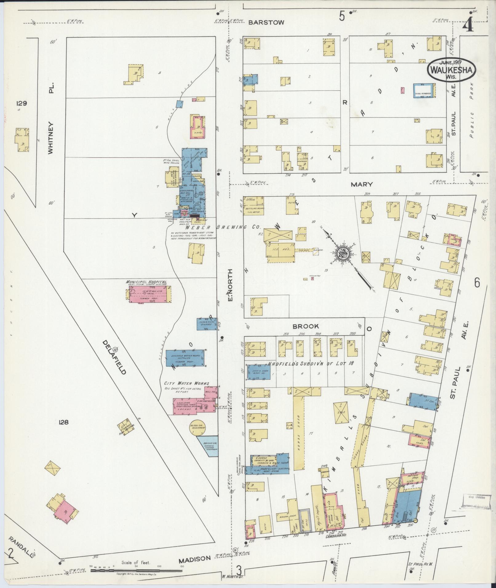 Sanborn Fire Insurance Map from Waukesha, Waukesha County, Wisconsin (1917), Sheet #0004 - Historic Sanborn Fire Insurance Map Print, vintage old map wall art, antique decor, genealogy gift, Wisconsin Wisconsin map