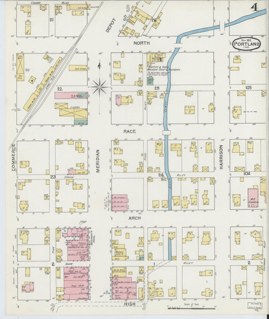 Sanborn Fire Insurance Map from Portland, Jay County, Indiana (1892), Sheet #0004 - Historic Sanborn Fire Insurance Map Print, vintage old map wall art, antique decor, genealogy gift, Indiana Indiana map