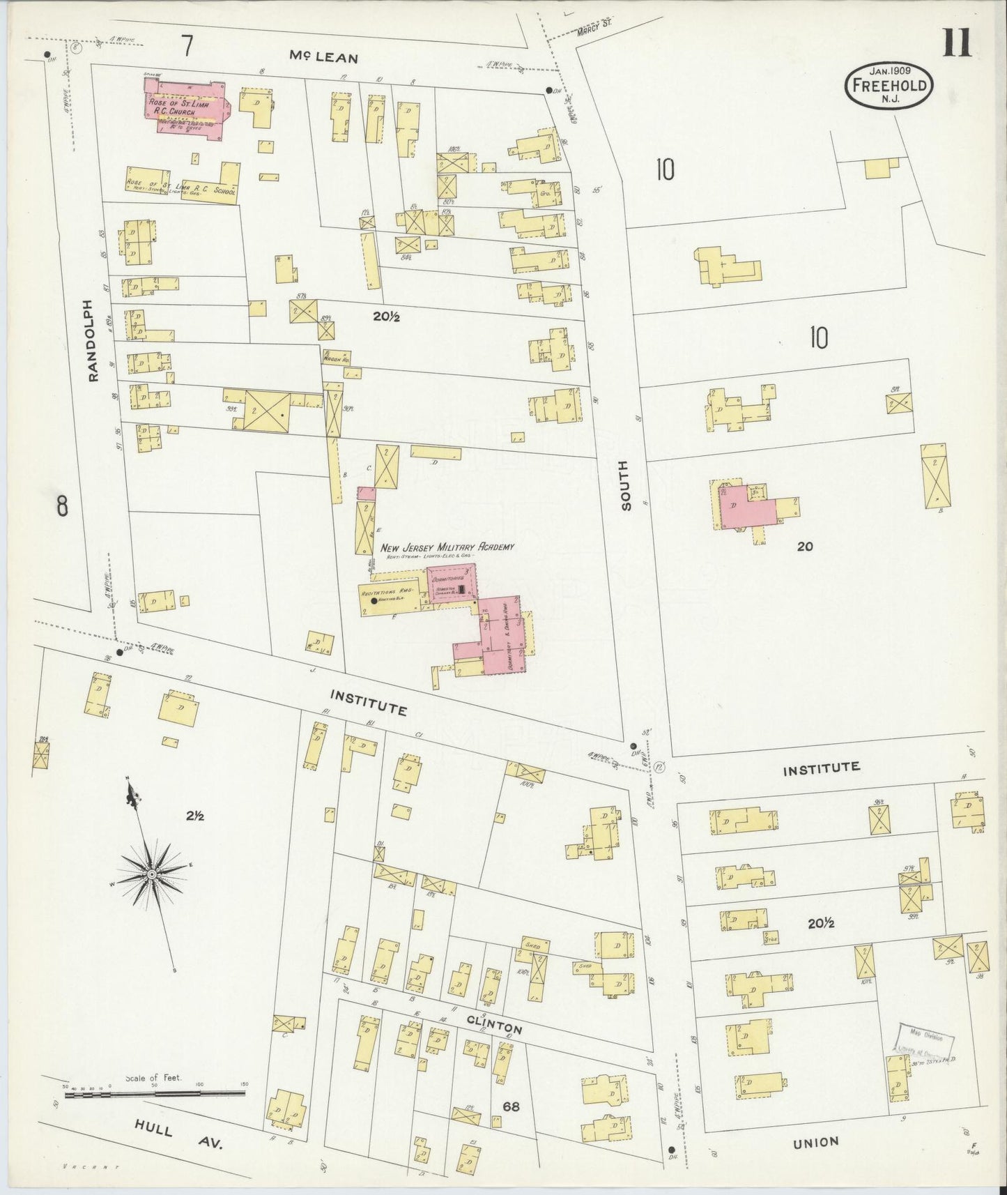Sanborn Fire Insurance Map from Freehold, Monmouth County, New Jersey (1909), Sheet #0011 - Historic Sanborn Fire Insurance Map Print, vintage old map wall art, antique decor, genealogy gift, New Jersey New Jersey map