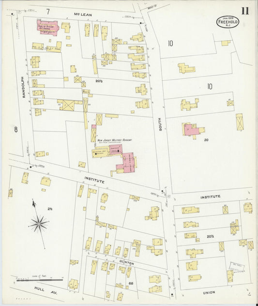 Sanborn Fire Insurance Map from Freehold, Monmouth County, New Jersey (1909), Sheet #0011 - Historic Sanborn Fire Insurance Map Print, vintage old map wall art, antique decor, genealogy gift, New Jersey New Jersey map
