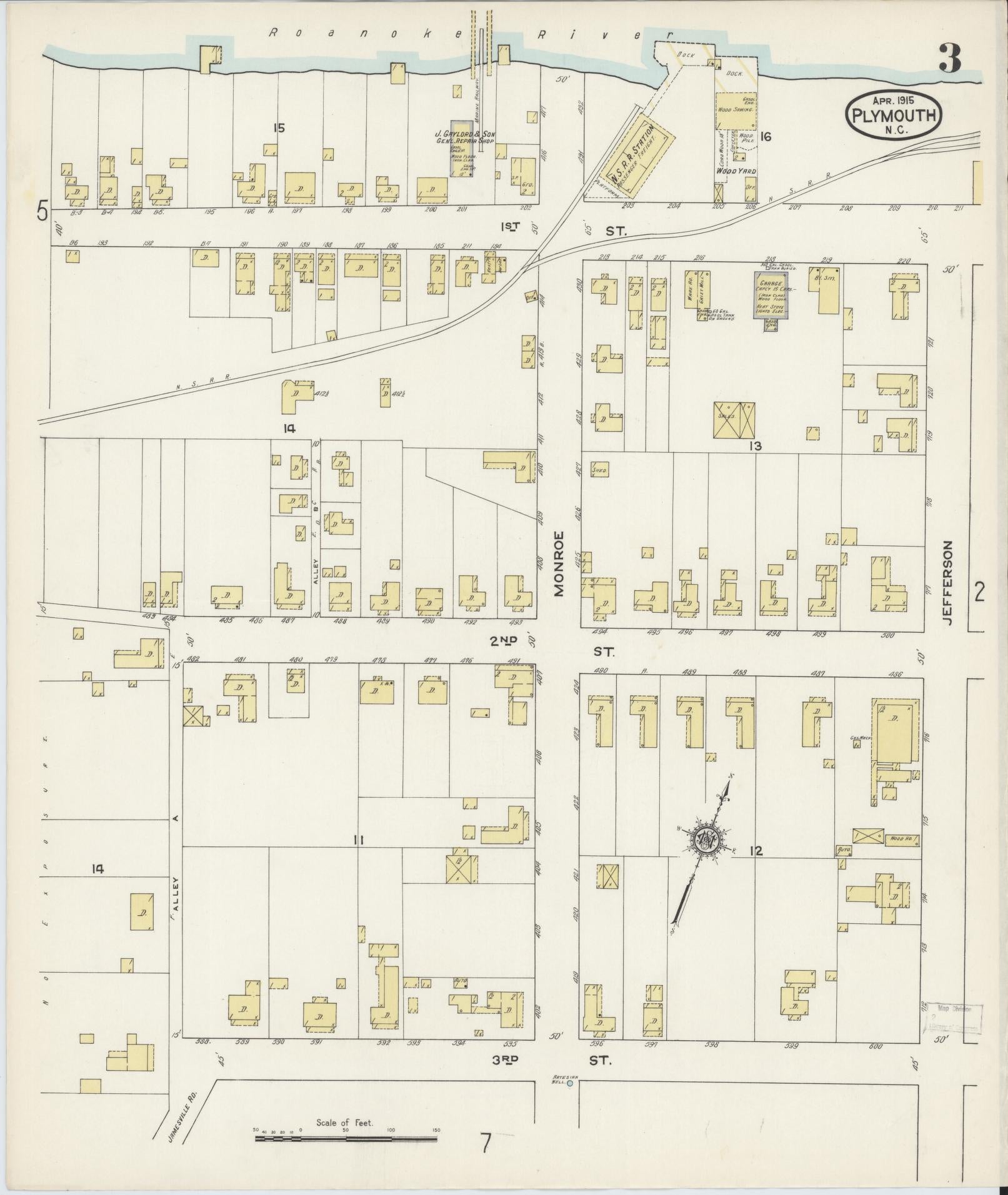 Sanborn Fire Insurance Map from Plymouth, Washington County, North Carolina (1915), Sheet #0003 - Historic Sanborn Fire Insurance Map Print, vintage old map wall art, antique decor, genealogy gift, North Carolina North Carolina map