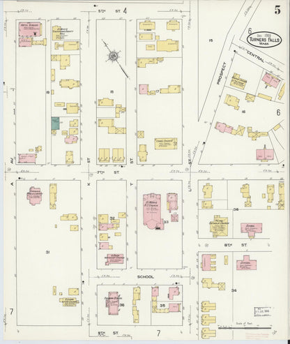 Sanborn Fire Insurance Map from Turners Falls, Franklin County, Massachusetts (1909), Sheet #0005 - Historic Sanborn Fire Insurance Map Print, vintage old map wall art, antique decor, genealogy gift, Massachusetts Massachusetts map