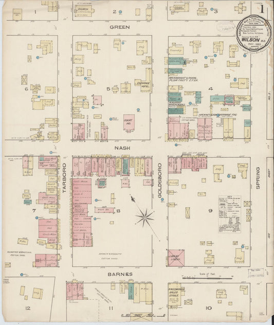 Sanborn Fire Insurance Map from Wilson, Wilson County, North Carolina (1885), Sheet #0001 - Complete Map Set gallery image, historic Sanborn map, vintage wall art, North Carolina North Carolina