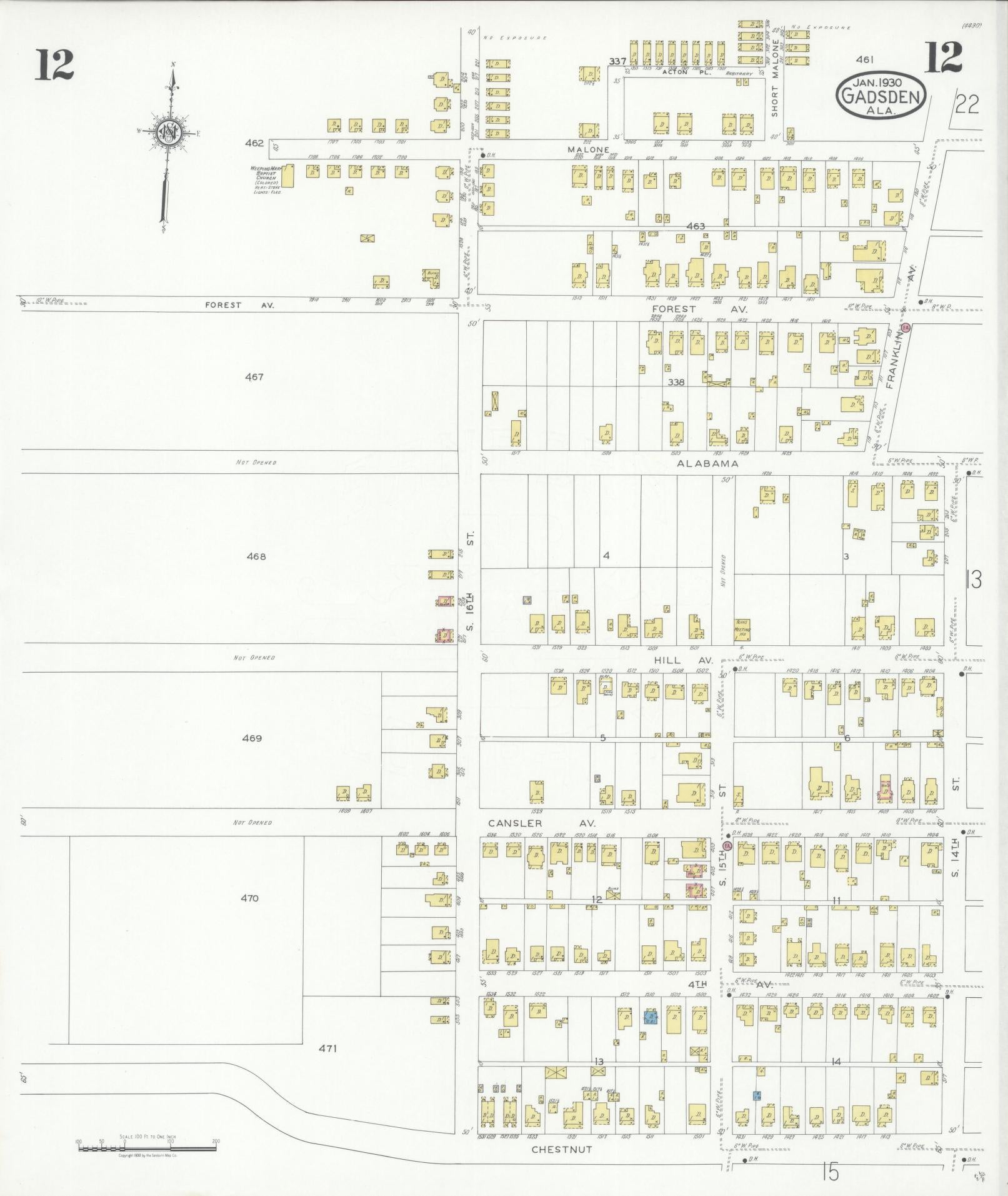 Sanborn Fire Insurance Map from Gadsden, Etowah County, Alabama (1930), Sheet #0012 - Complete Map Set gallery image, historic Sanborn map, vintage wall art, Alabama Alabama