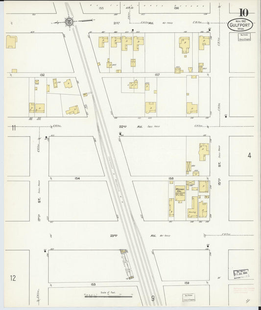 Sanborn Fire Insurance Map from Gulfport, Harrison County, Mississippi (1912), Sheet #0010 - Historic Sanborn Fire Insurance Map Print, vintage old map wall art, antique decor, genealogy gift, Mississippi Mississippi map