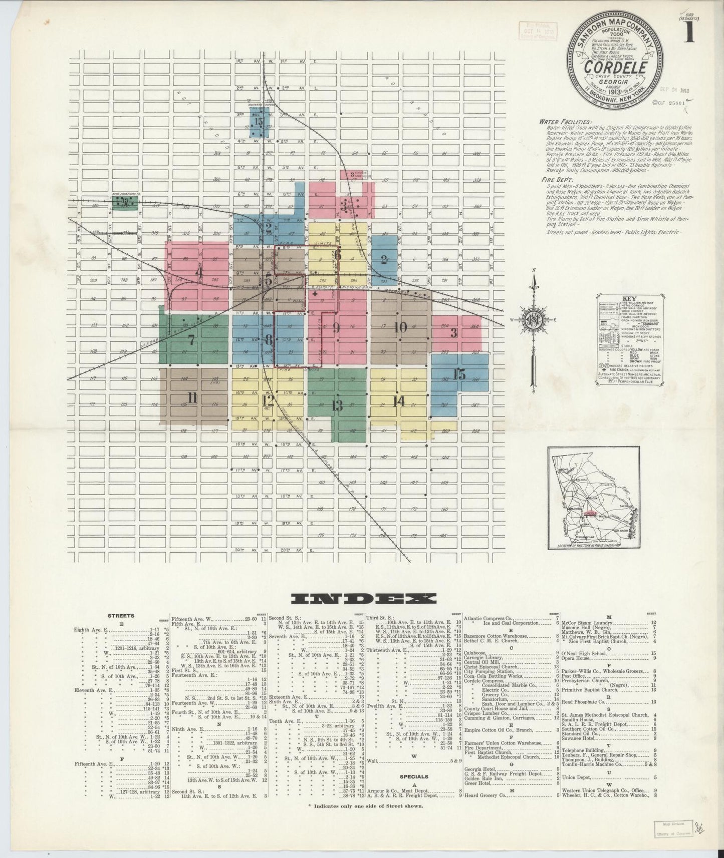 Sanborn Fire Insurance Map from Cordele, Crisp County, Georgia (1913), Sheet #0001 - Historic Sanborn Fire Insurance Map Print, vintage old map wall art, antique decor, genealogy gift, Georgia Georgia map