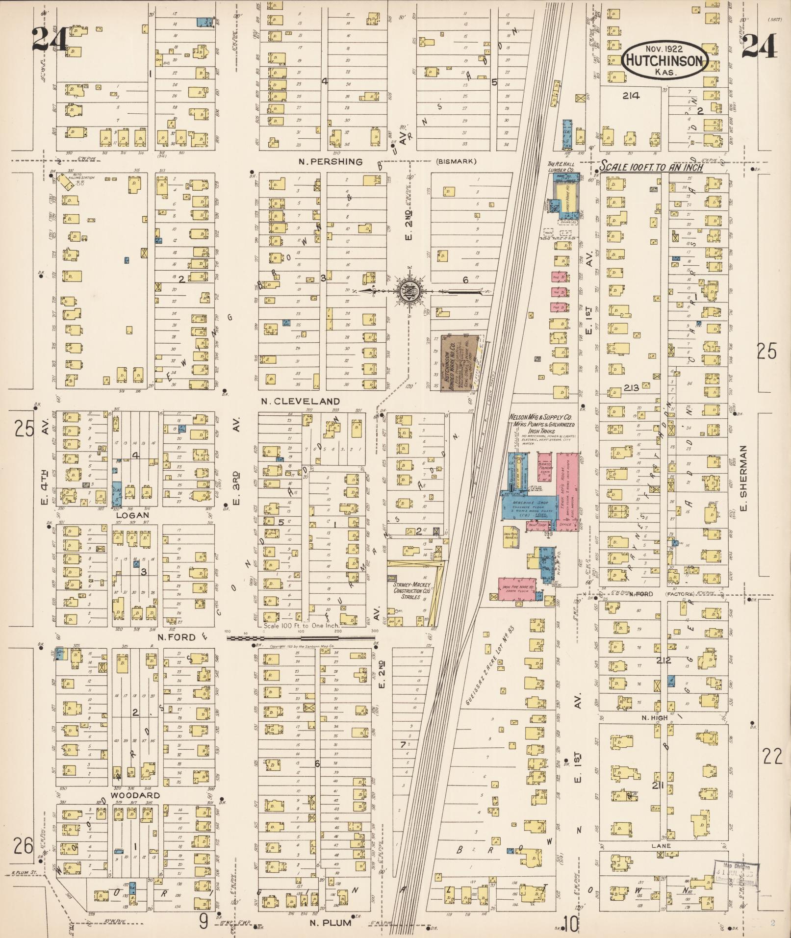 Sanborn Fire Insurance Map from Hutchinson, Reno County, Kansas (1922), Sheet #0025 - Complete Map Set gallery image, historic Sanborn map, vintage wall art, Kansas Kansas