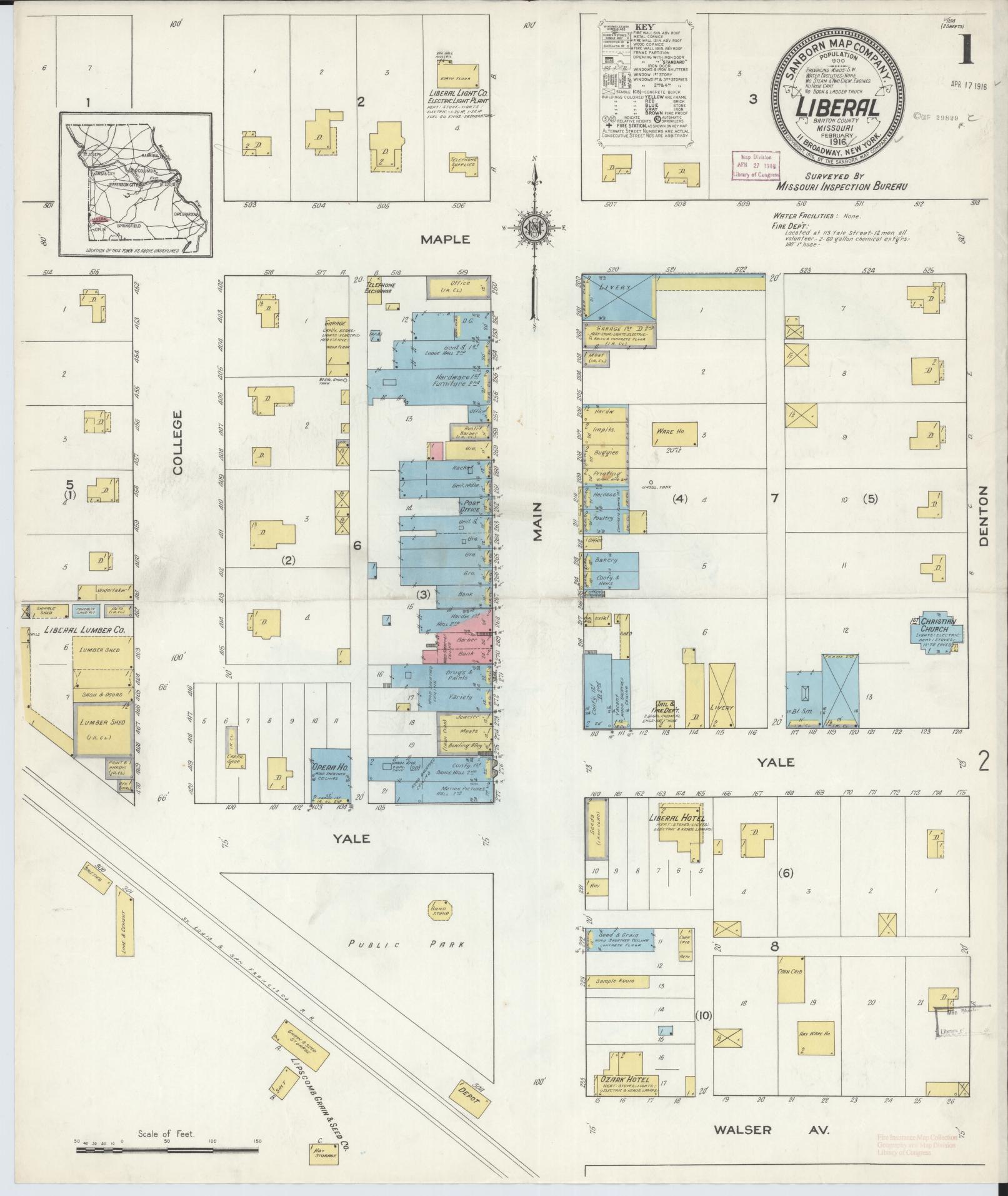 Sanborn Fire Insurance Map from Liberal, Barton County, Missouri (1916), Sheet #0001 - Historic Sanborn Fire Insurance Map Print, vintage old map wall art, antique decor, genealogy gift, Missouri Missouri map