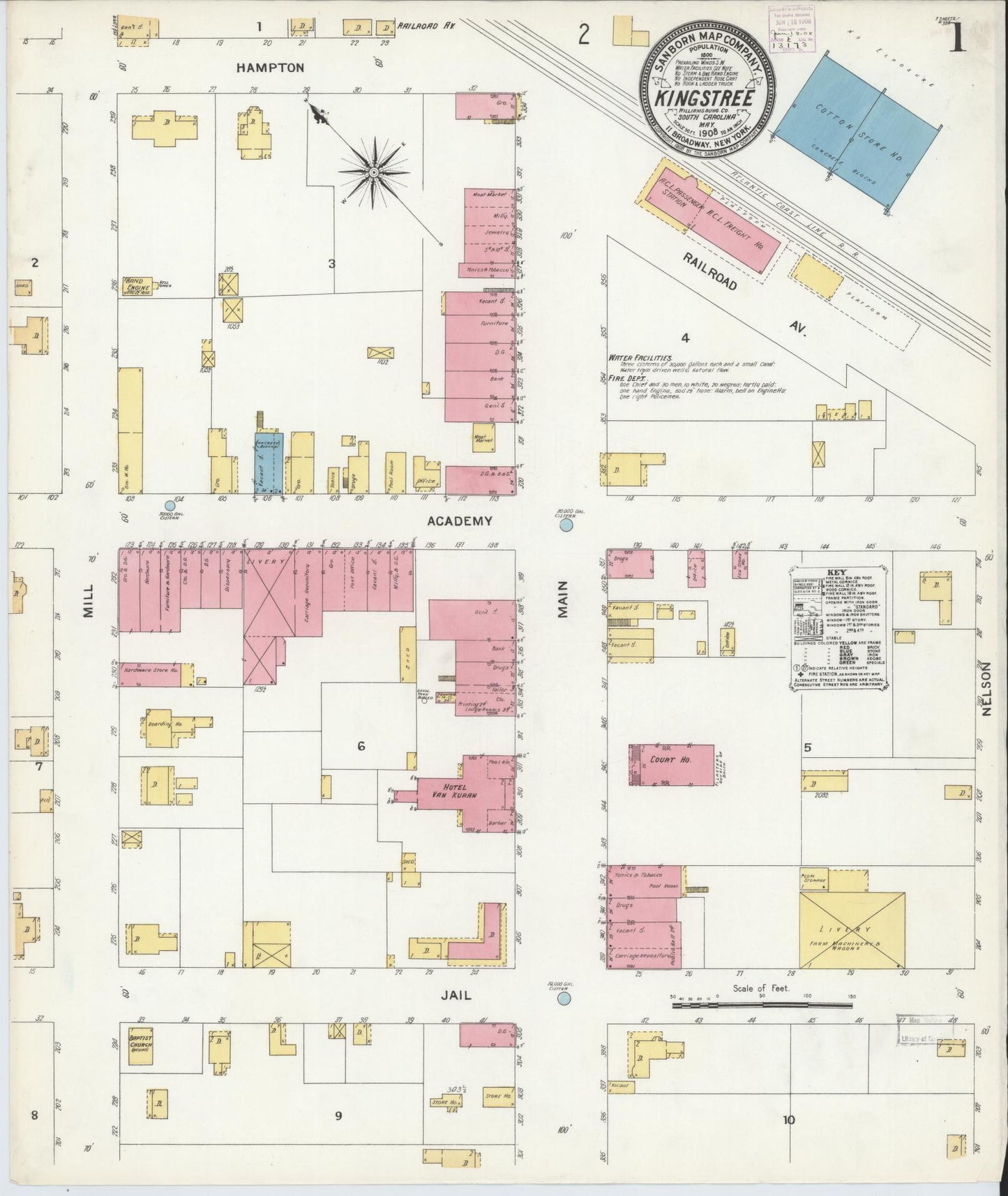 Sanborn Fire Insurance Map from Kingstree, Williamsburg County, South Carolina (1908), Sheet #0001 - Complete Map Set gallery image, historic Sanborn map, vintage wall art, South Carolina South Carolina