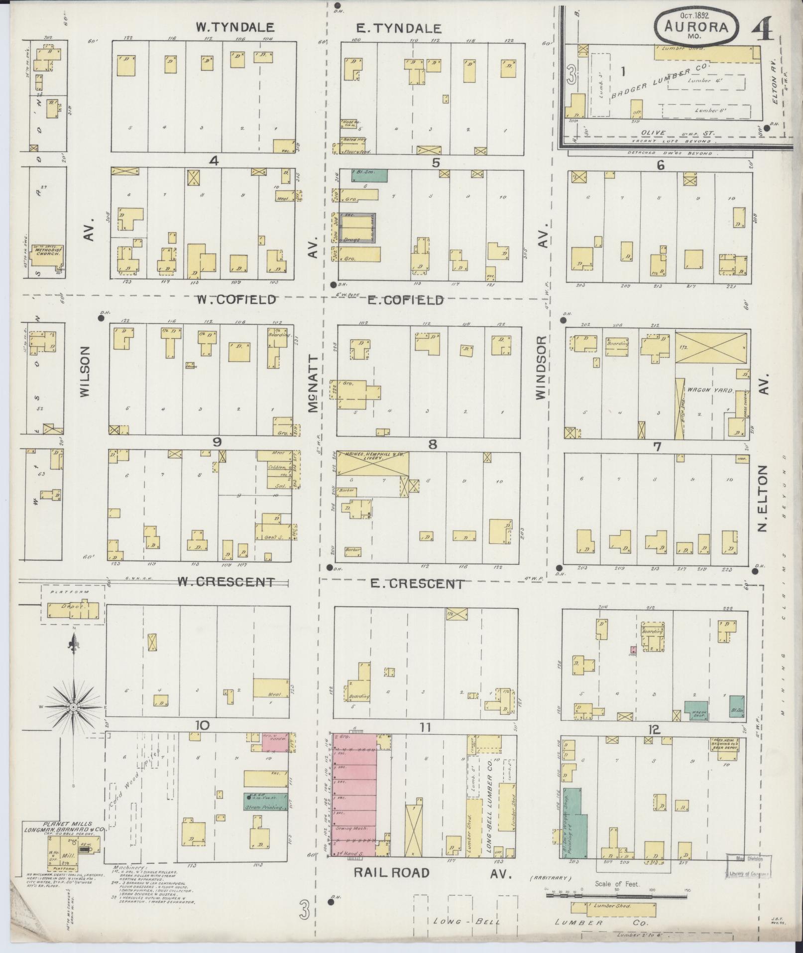 Sanborn Fire Insurance Map from Aurora, Lawrence County, Missouri (1892), Sheet #0004 - Complete Map Set gallery image, historic Sanborn map, vintage wall art, Missouri Missouri