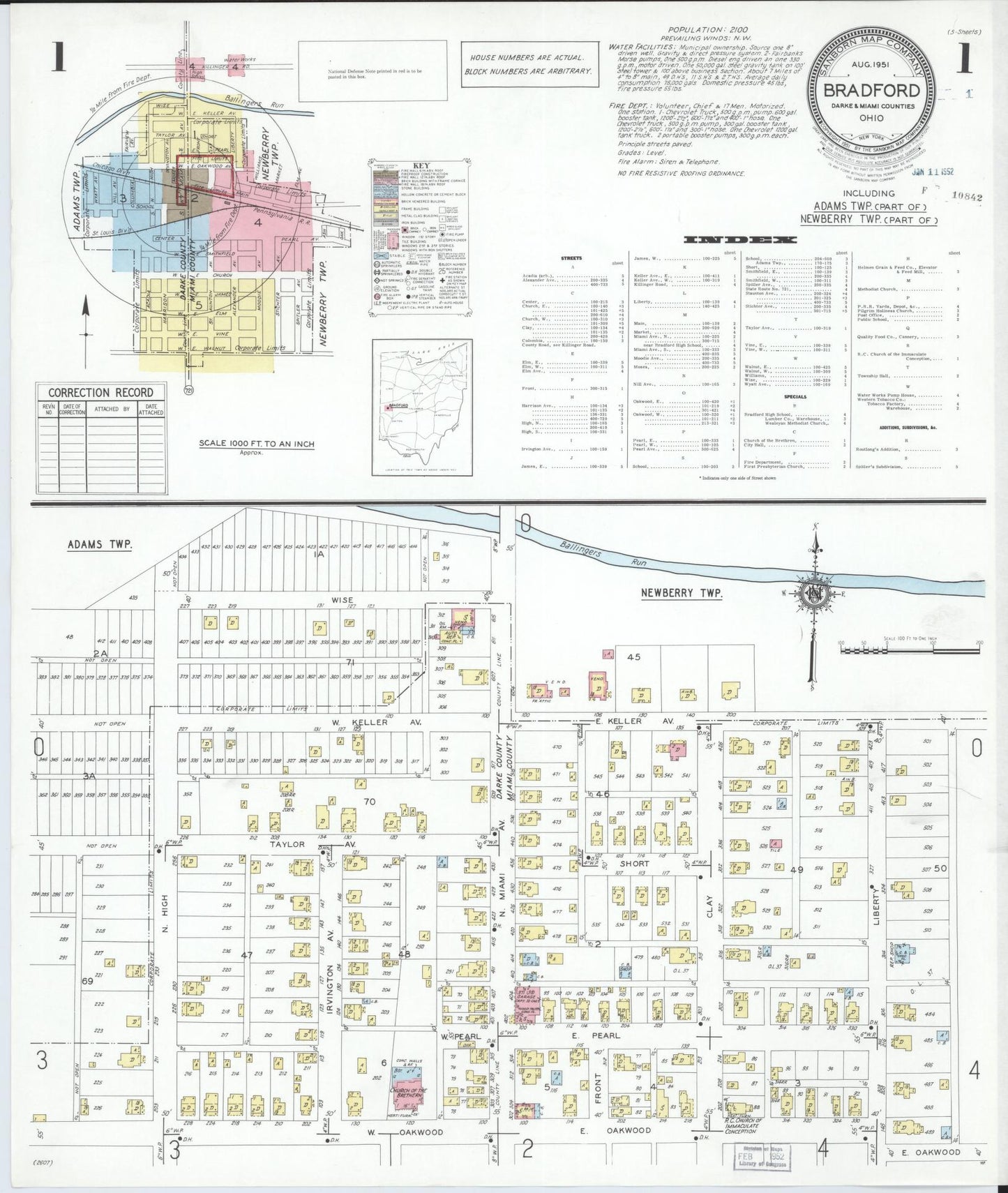 Sanborn Fire Insurance Map from Bradford, Darke and Miami Counties, Ohio (1951), Sheet #0001 - Historic Sanborn Fire Insurance Map Print, vintage old map wall art, antique decor, genealogy gift, Ohio Ohio map