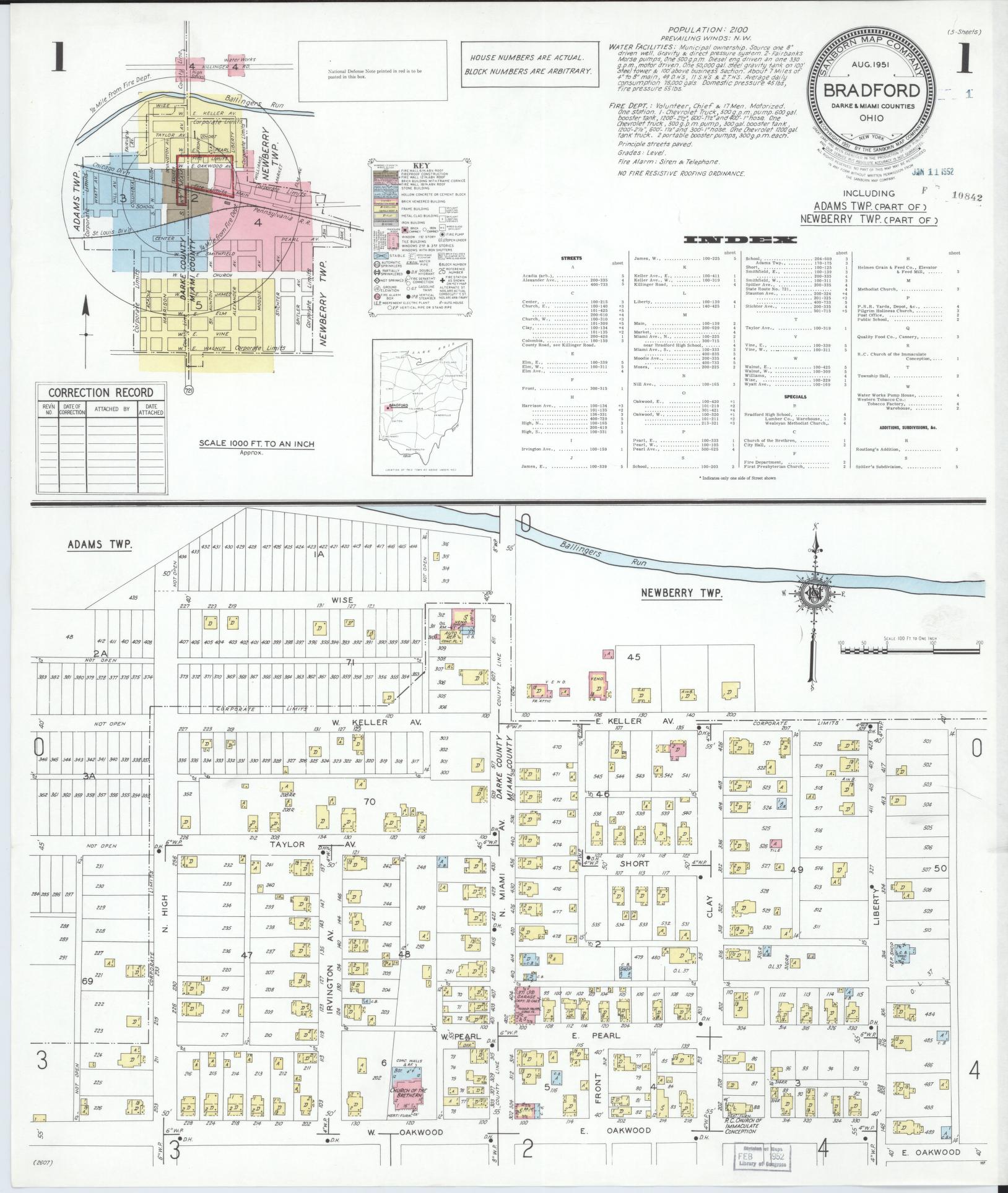 Sanborn Fire Insurance Map from Bradford, Darke and Miami Counties, Ohio (1951), Sheet #0001 - Historic Sanborn Fire Insurance Map Print, vintage old map wall art, antique decor, genealogy gift, Ohio Ohio map