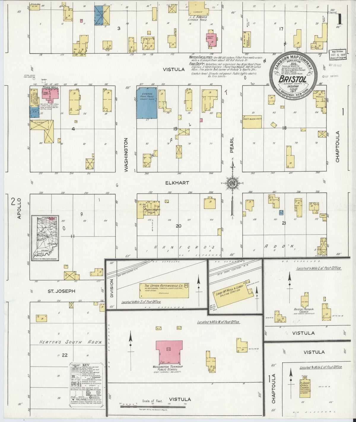 Sanborn Fire Insurance Map from Bristol, Elkhart County, Indiana (1917), Sheet #0001 - Historic Sanborn Fire Insurance Map Print, vintage old map wall art, antique decor, genealogy gift, Indiana Indiana map