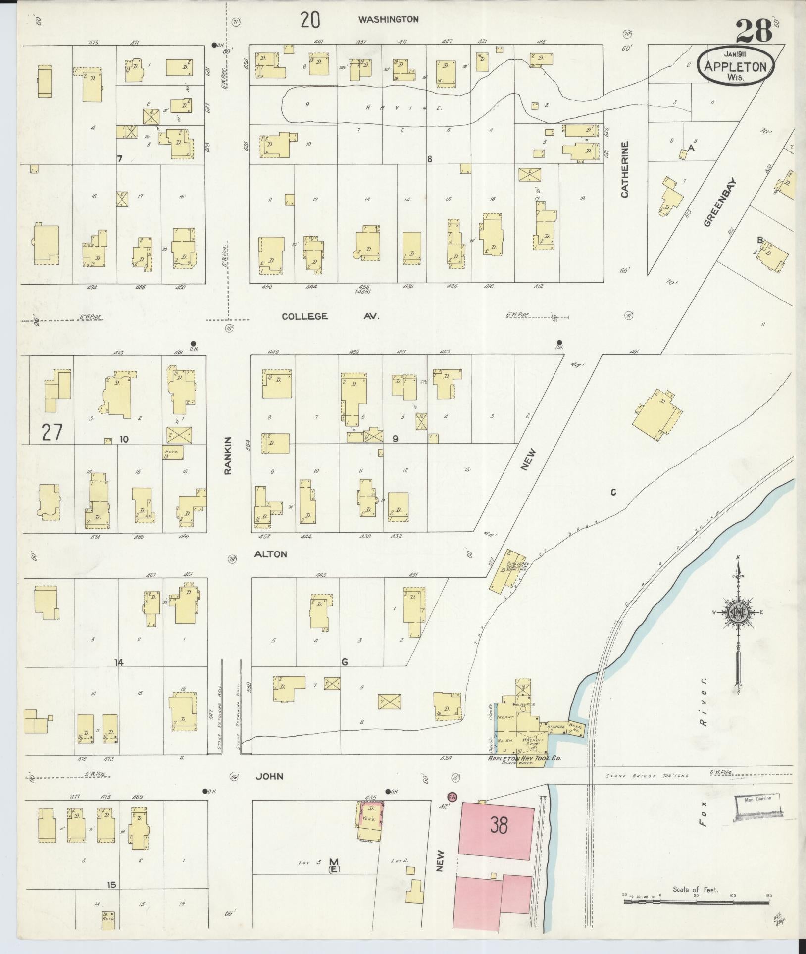Sanborn Fire Insurance Map from Appleton, Outagamie County, Wisconsin (1911), Sheet #0028 - Historic Sanborn Fire Insurance Map Print, vintage old map wall art, antique decor, genealogy gift, Wisconsin Wisconsin map