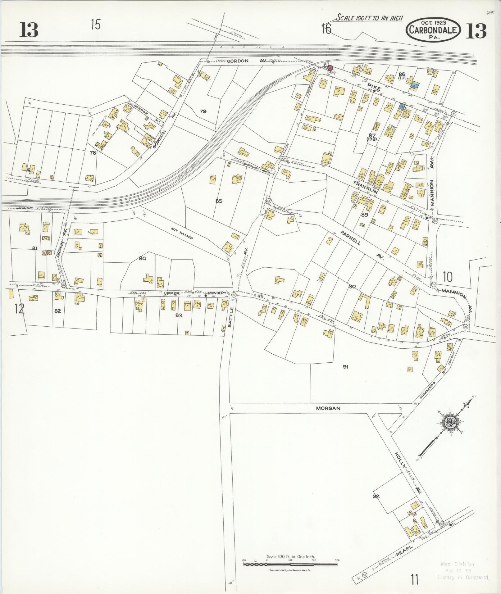 Sanborn Fire Insurance Map from Carbondale, Lackawanna County, Pennsylvania (1923), Sheet #0013 - Historic Sanborn Fire Insurance Map Print, vintage old map wall art, antique decor, genealogy gift, Pennsylvania Pennsylvania map