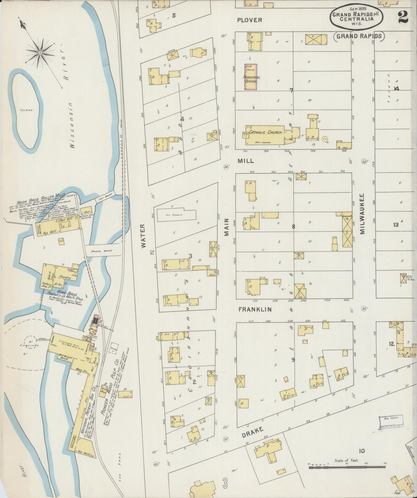 Sanborn Fire Insurance Map from Grand Rapids, Wood County, Wisconsin (1895), Sheet #0002 - Historic Sanborn Fire Insurance Map Print, vintage old map wall art, antique decor, genealogy gift, Wisconsin Wisconsin map