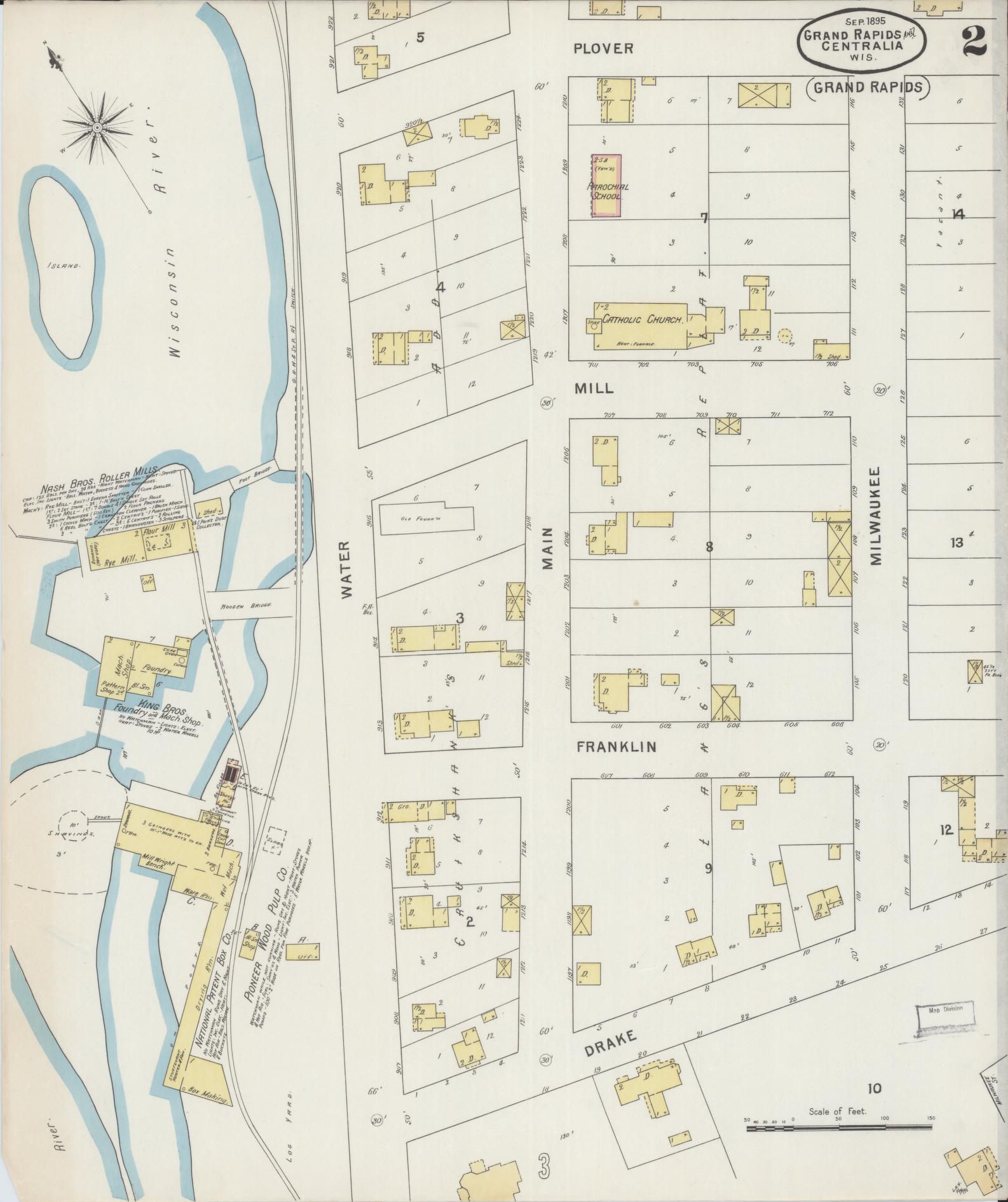 Sanborn Fire Insurance Map from Grand Rapids, Wood County, Wisconsin (1895), Sheet #0002 - Historic Sanborn Fire Insurance Map Print, vintage old map wall art, antique decor, genealogy gift, Wisconsin Wisconsin map