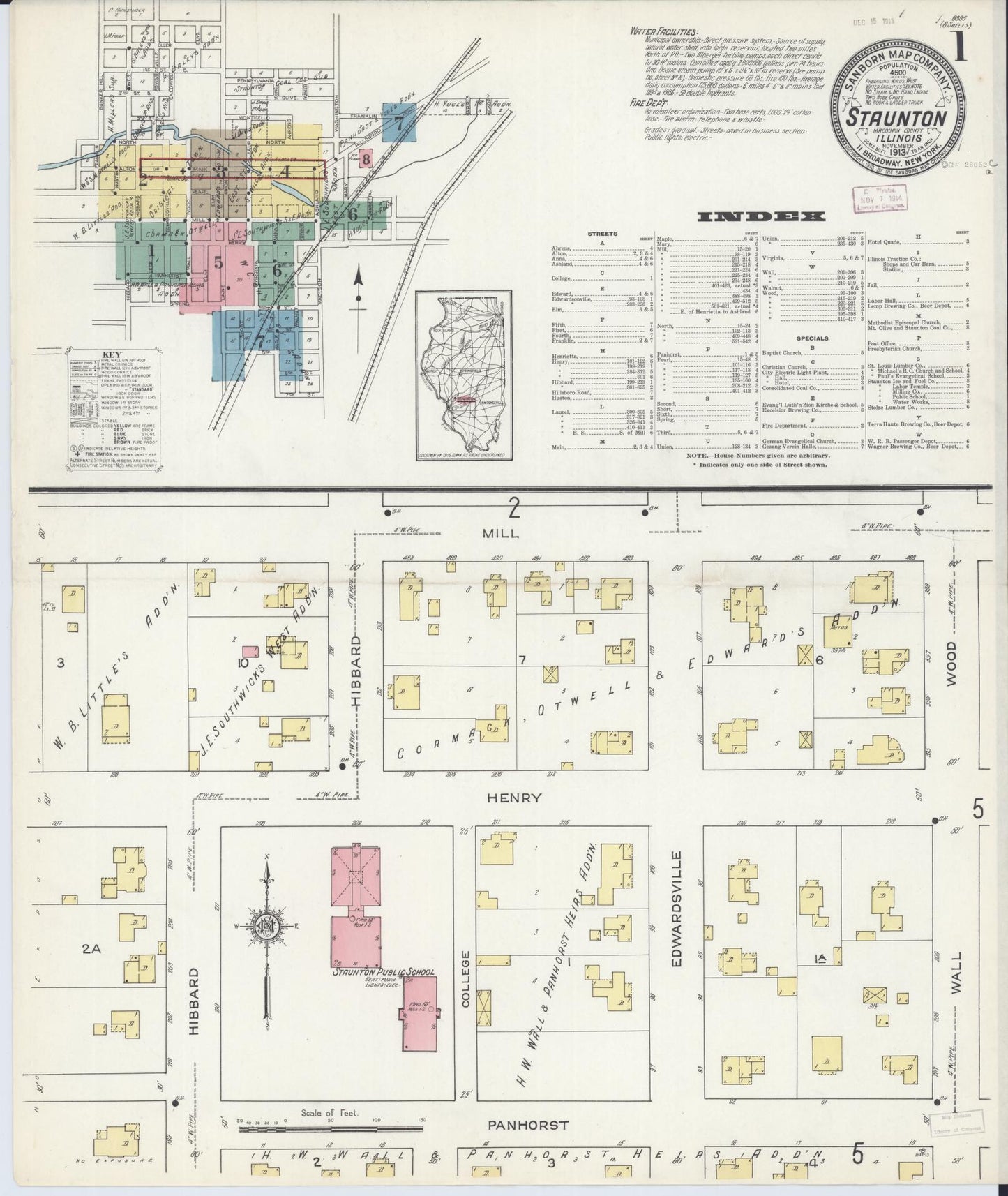 Sanborn Fire Insurance Map from Staunton, Macoupin County, Illinois (1913), Sheet #0001 - Complete Map Set gallery image, historic Sanborn map, vintage wall art, Illinois Illinois
