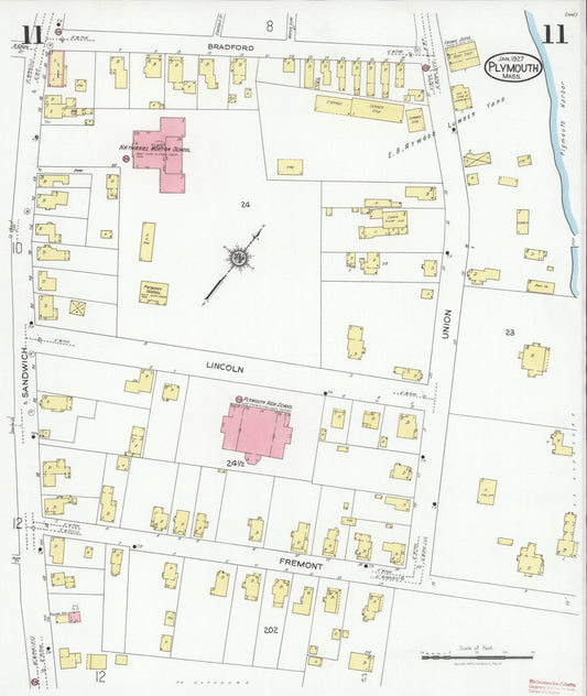 Sanborn Fire Insurance Map from Plymouth, Plymouth County, Massachusetts (1927), Sheet #0011 - Historic Sanborn Fire Insurance Map Print, vintage old map wall art, antique decor, genealogy gift, Massachusetts Massachusetts map