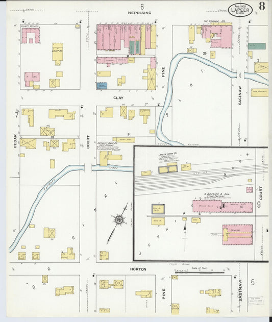 Sanborn Fire Insurance Map from Lapeer, Lapeer County, Michigan (1909), Sheet #0008 - Historic Sanborn Fire Insurance Map Print, vintage old map wall art, antique decor, genealogy gift, Michigan Michigan map