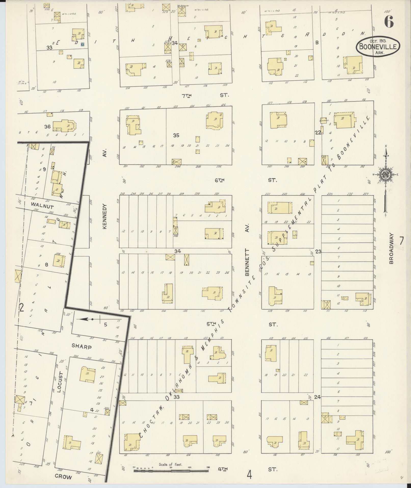 Sanborn Fire Insurance Map from Booneville, Logan County, Arkansas (1913), Sheet #0006 - Historic Sanborn Fire Insurance Map Print, vintage old map wall art, antique decor, genealogy gift, Arkansas Arkansas map