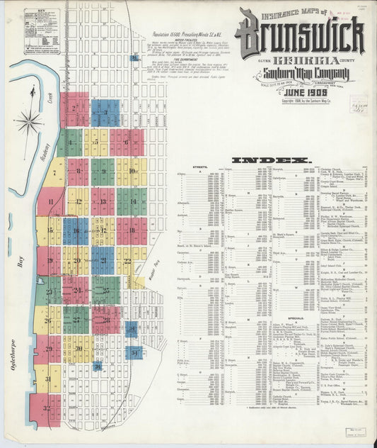 Sanborn Fire Insurance Map from Brunswick, Glynn County, Georgia (1908), Sheet #0001 - Complete Map Set gallery image, historic Sanborn map, vintage wall art, Georgia Georgia