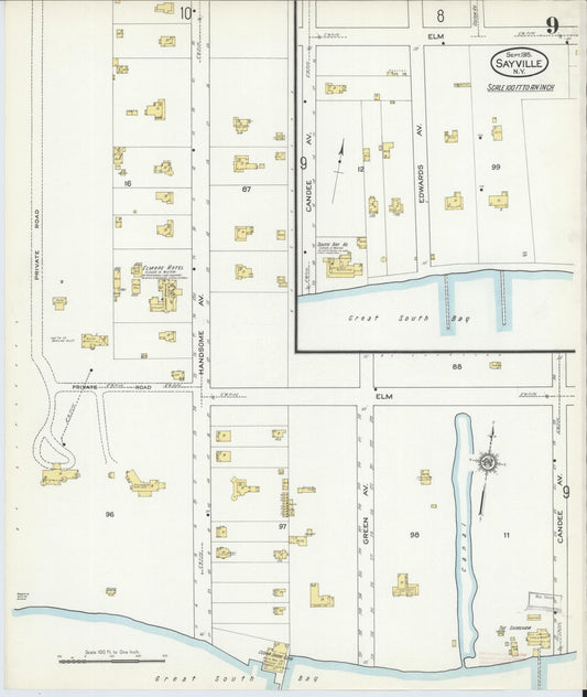Sanborn Fire Insurance Map from Sayville, Suffolk County, New York (1915), Sheet #0009 - Historic Sanborn Fire Insurance Map Print, vintage old map wall art, antique decor, genealogy gift, New York New York map