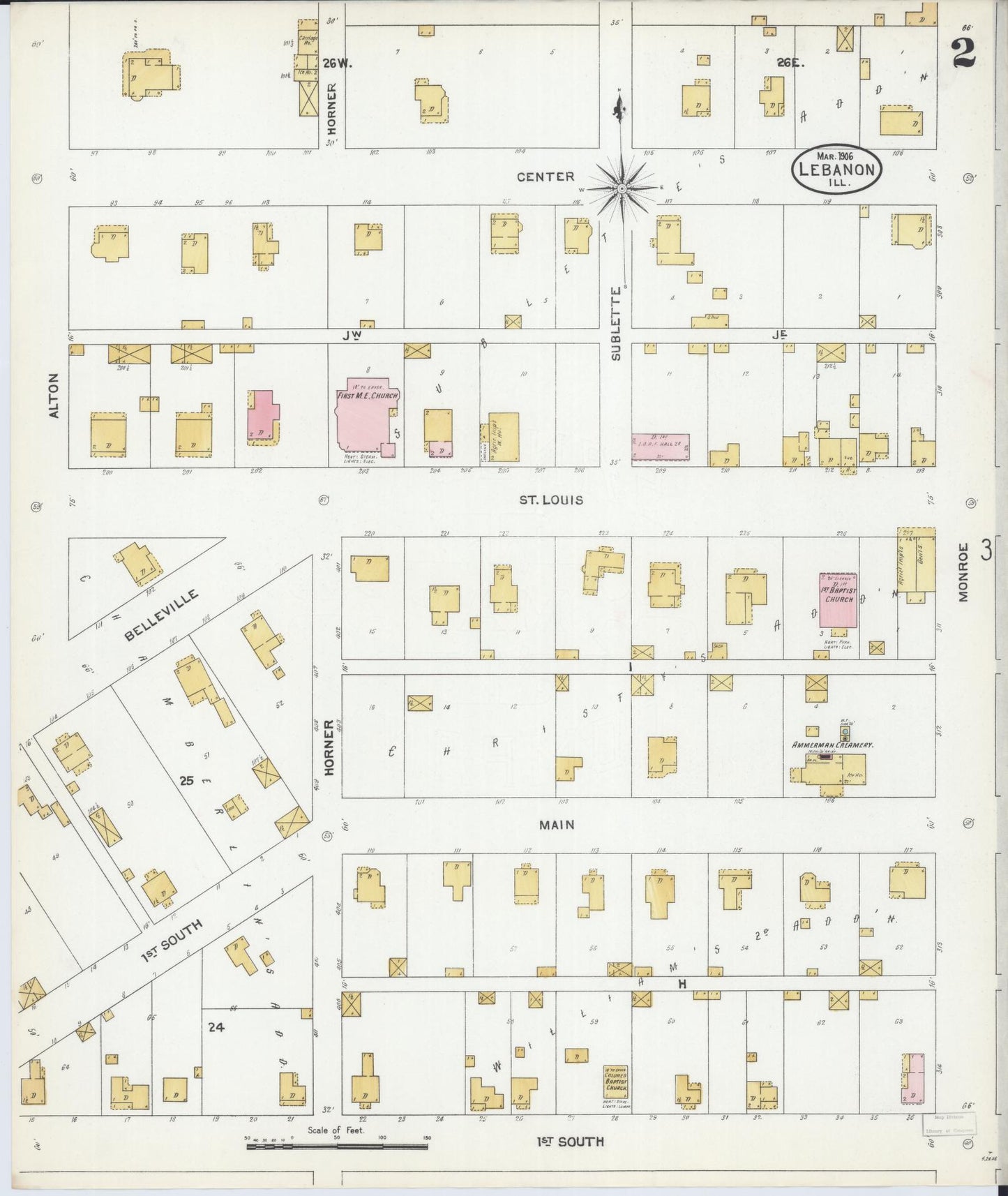 Sanborn Fire Insurance Map from Lebanon, Saint Clair County, Illinois (1906), Sheet #0002 - Complete Map Set gallery image, historic Sanborn map, vintage wall art, Illinois Illinois