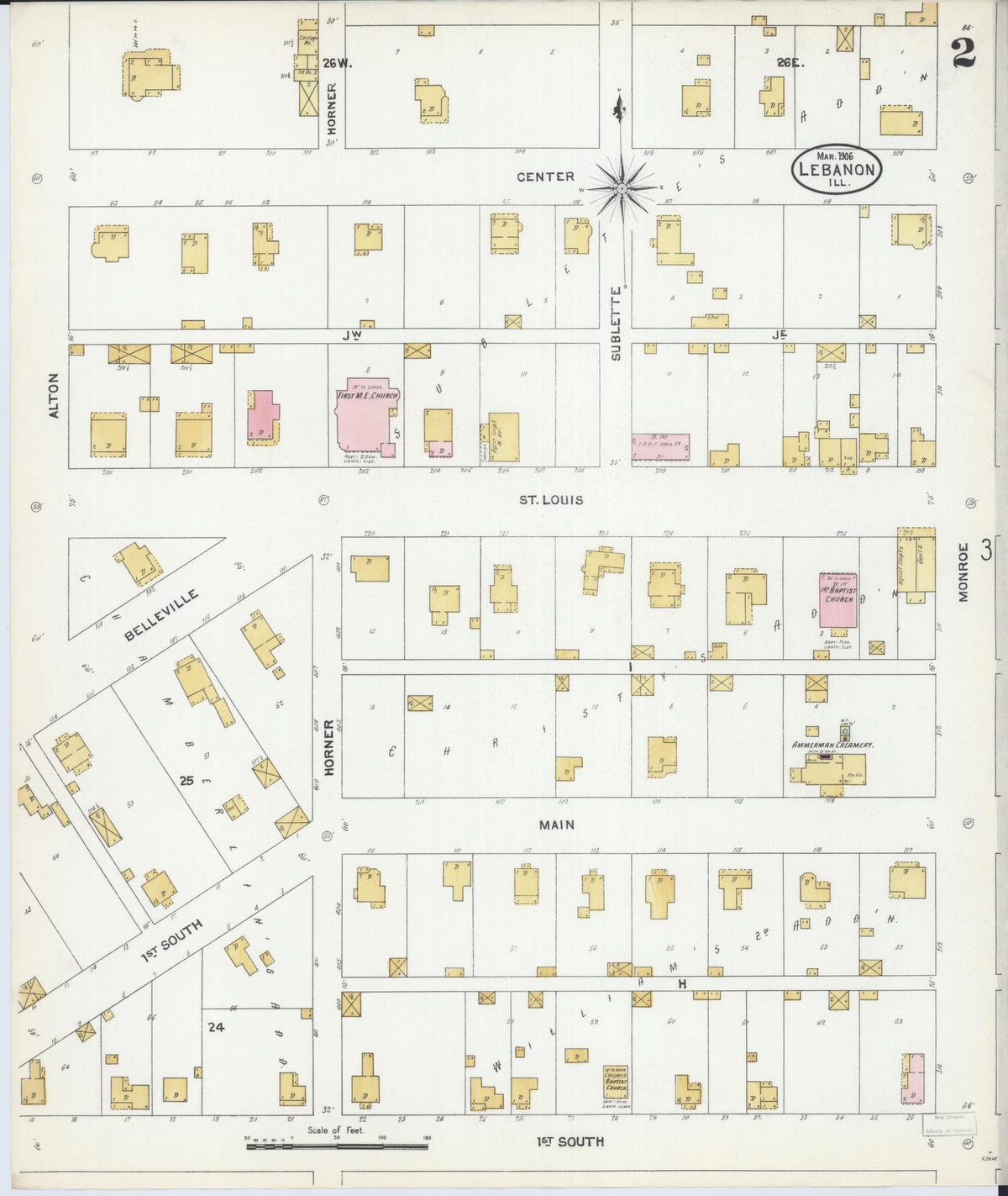Sanborn Fire Insurance Map from Lebanon, Saint Clair County, Illinois (1906), Sheet #0002 - Complete Map Set gallery image, historic Sanborn map, vintage wall art, Illinois Illinois