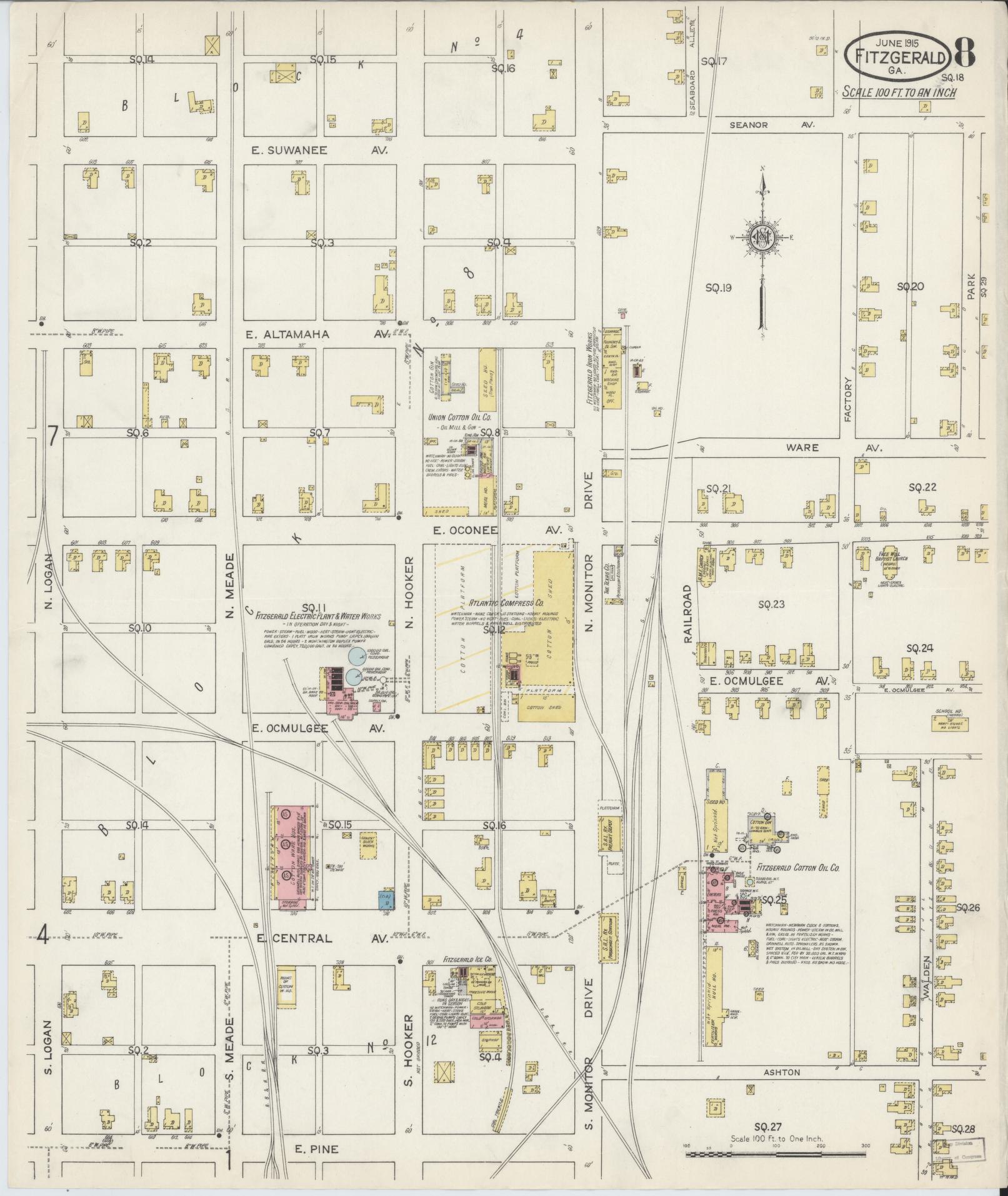 Sanborn Fire Insurance Map from Fitzgerald, Ben Hill County, Georgia (1915), Sheet #0008 - Complete Map Set gallery image, historic Sanborn map, vintage wall art, Georgia Georgia