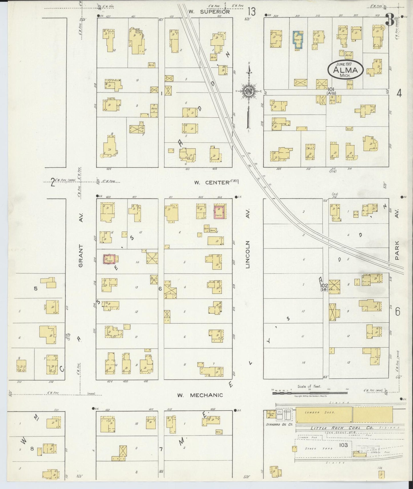 Sanborn Fire Insurance Map from Alma, Gratiot County, Michigan (1917), Sheet #0003 - Complete Map Set gallery image, historic Sanborn map, vintage wall art, Michigan Michigan