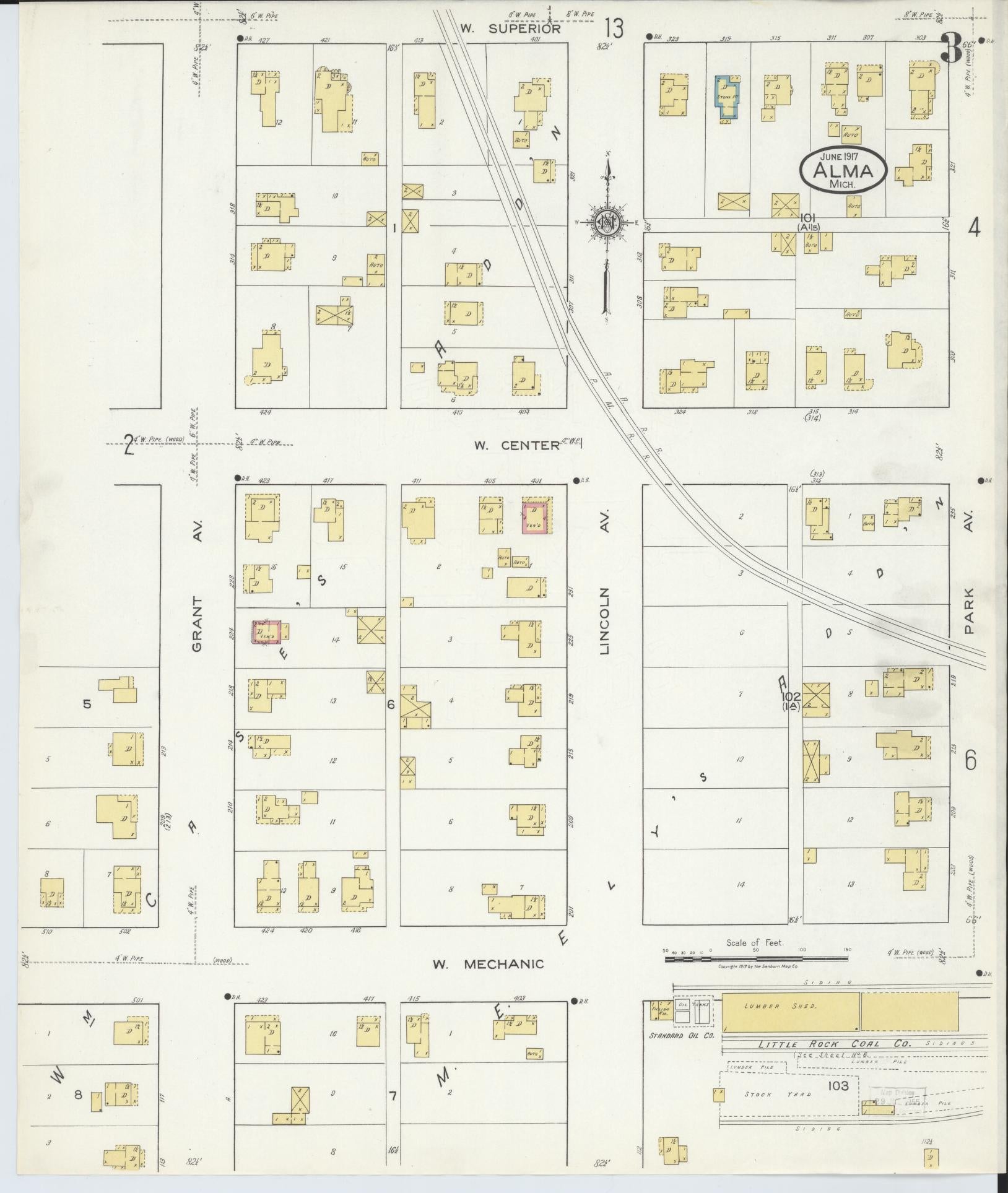 Sanborn Fire Insurance Map from Alma, Gratiot County, Michigan (1917), Sheet #0003 - Complete Map Set gallery image, historic Sanborn map, vintage wall art, Michigan Michigan