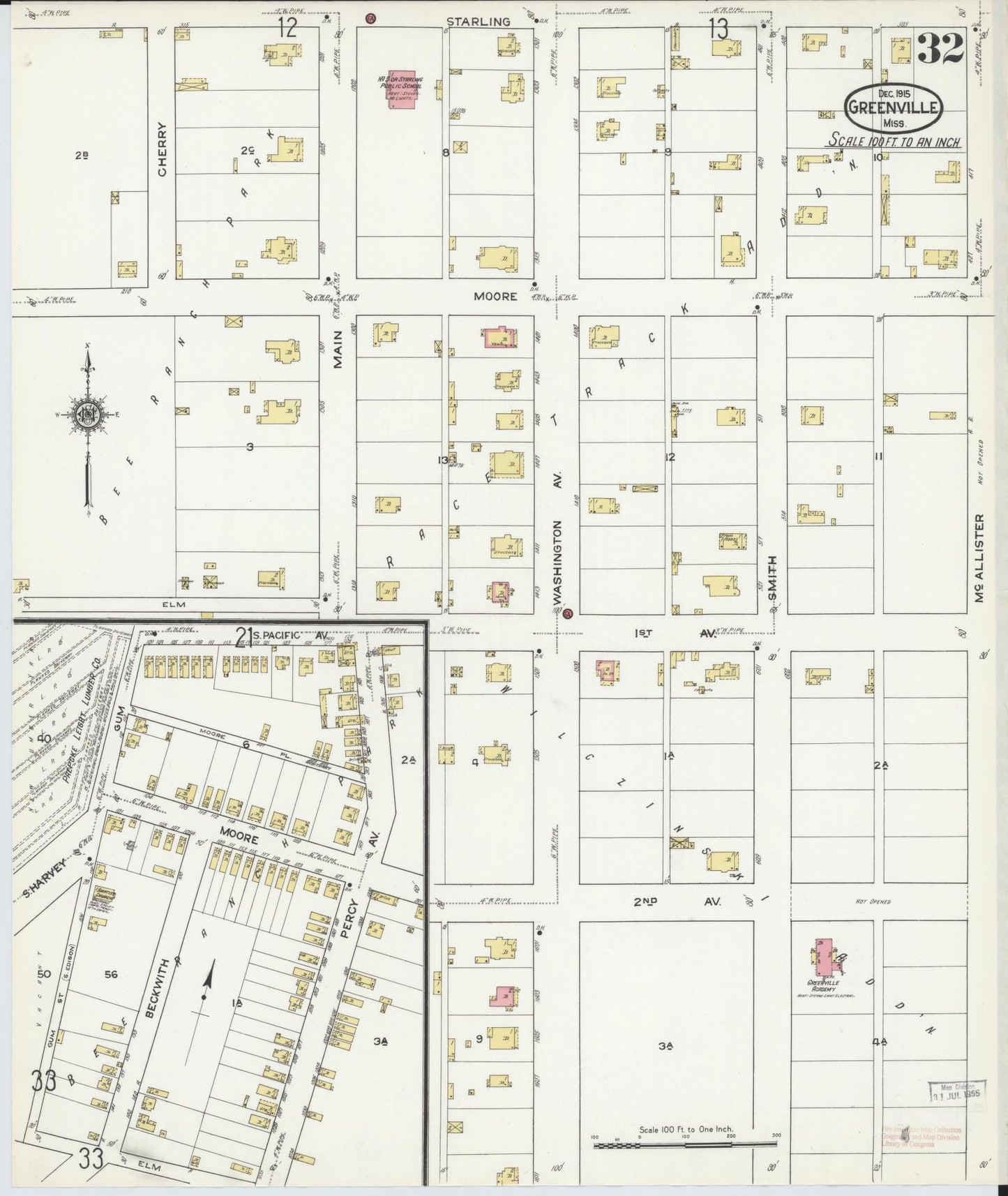 Sanborn Fire Insurance Map from Greenville, Washington County, Mississippi (1915), Sheet #0032 - Historic Sanborn Fire Insurance Map Print, vintage old map wall art, antique decor, genealogy gift, Mississippi Mississippi map