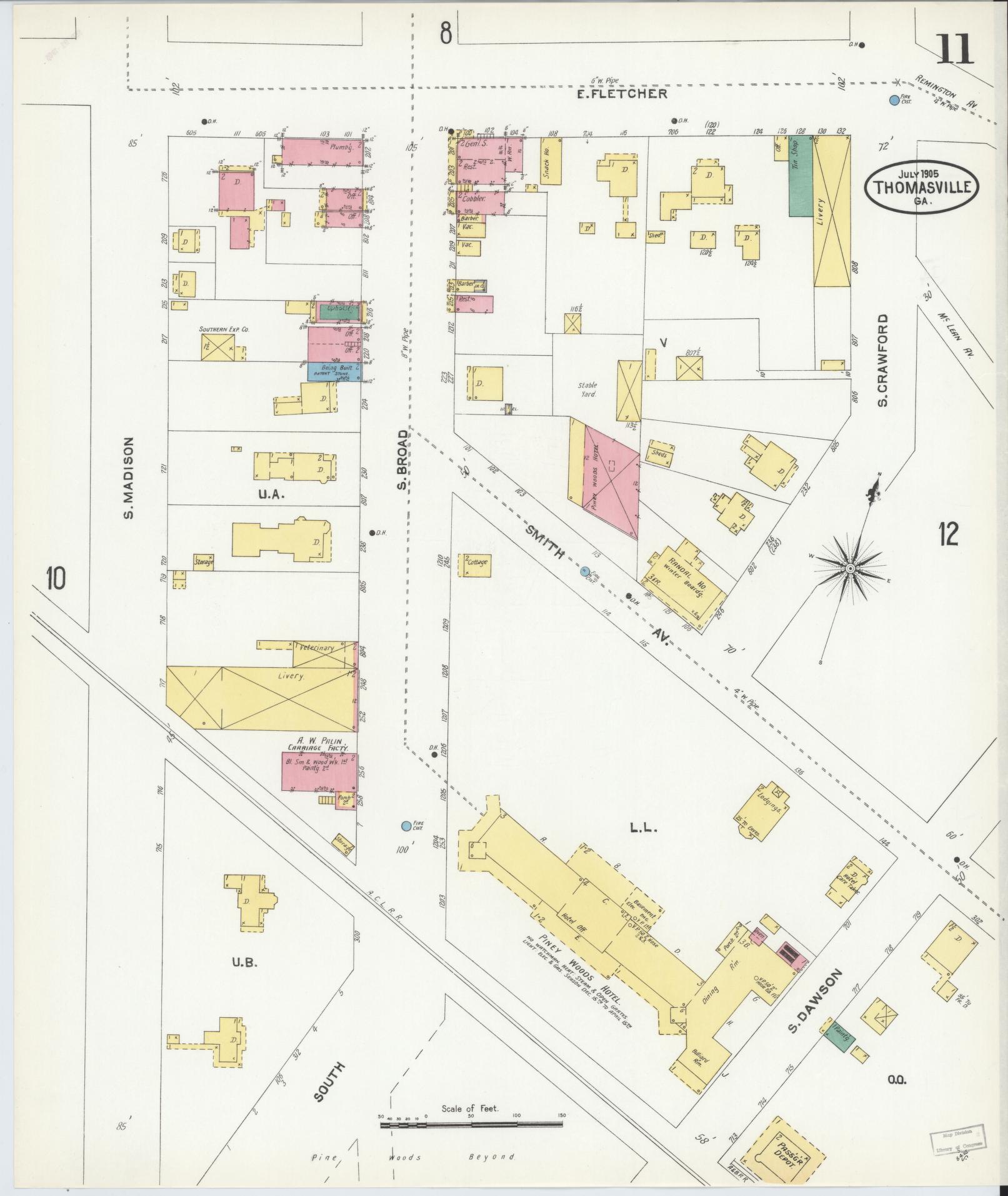 Sanborn Fire Insurance Map from Thomasville, Thomas County, Georgia (1905), Sheet #0011 - Complete Map Set gallery image, historic Sanborn map, vintage wall art, Georgia Georgia
