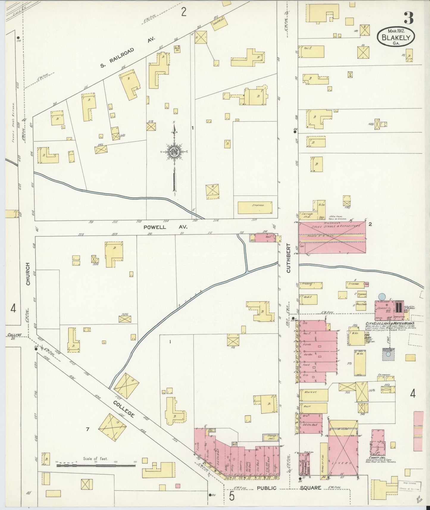 Sanborn Fire Insurance Map from Blakely, Early County, Georgia (1912), Sheet #0003 - Complete Map Set gallery image, historic Sanborn map, vintage wall art, Georgia Georgia