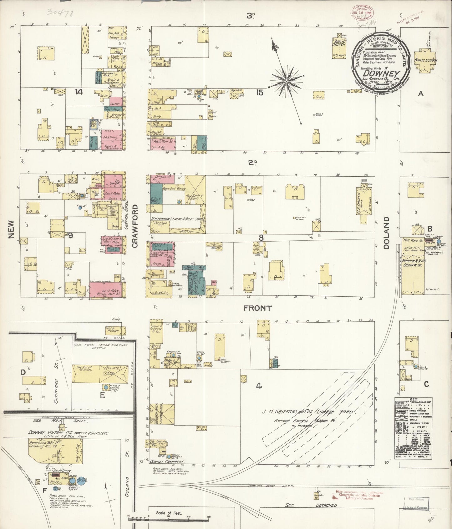 Sanborn Fire Insurance Map from Downey, Los Angeles County, California (1895), Sheet #0001 - Historic Sanborn Fire Insurance Map Print, vintage old map wall art, antique decor, genealogy gift, California California map