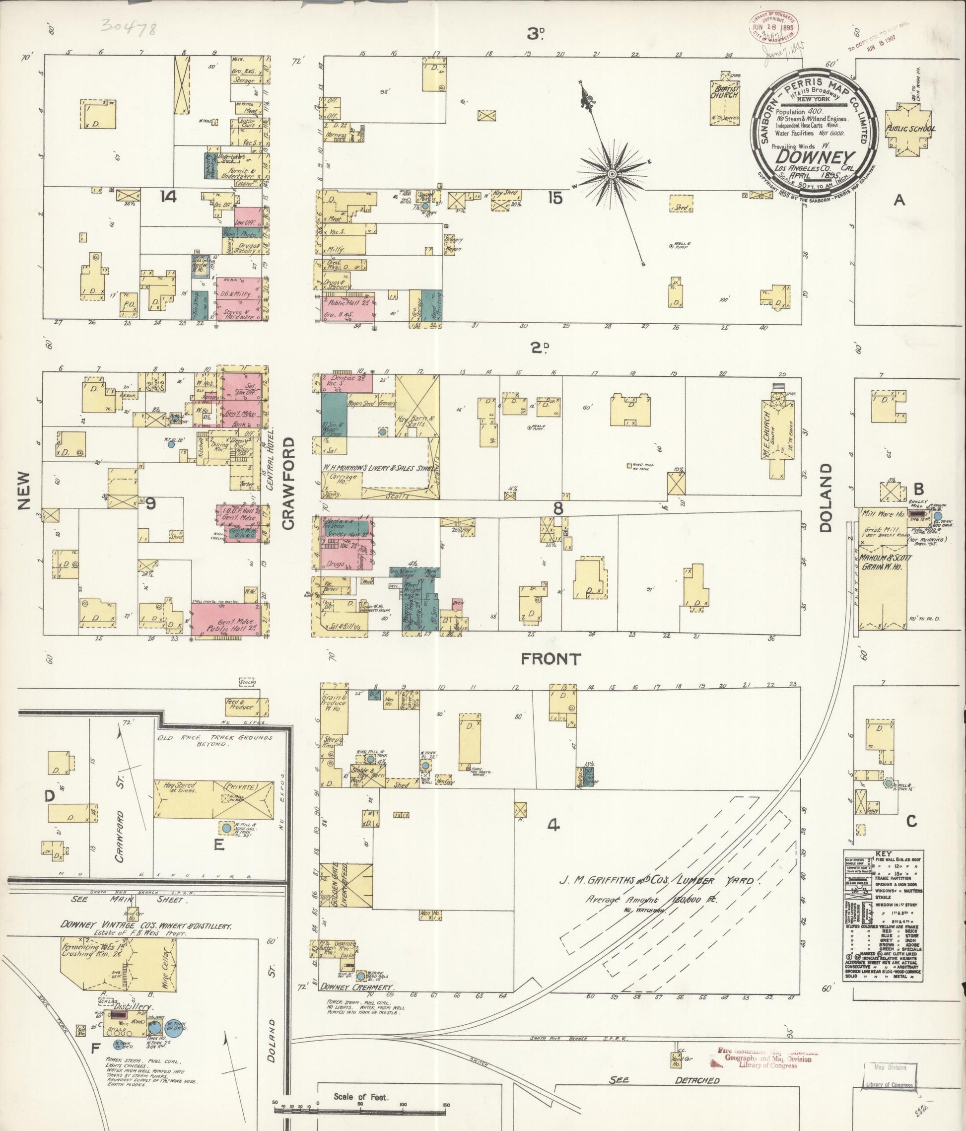 Sanborn Fire Insurance Map from Downey, Los Angeles County, California (1895), Sheet #0001 - Historic Sanborn Fire Insurance Map Print, vintage old map wall art, antique decor, genealogy gift, California California map