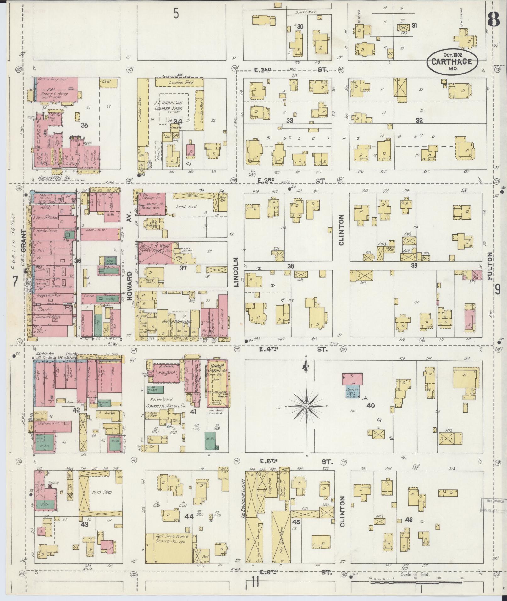 Sanborn Fire Insurance Map from Carthage, Jasper County, Missouri (1902), Sheet #0008 - Historic Sanborn Fire Insurance Map Print, vintage old map wall art, antique decor, genealogy gift, Missouri Missouri map