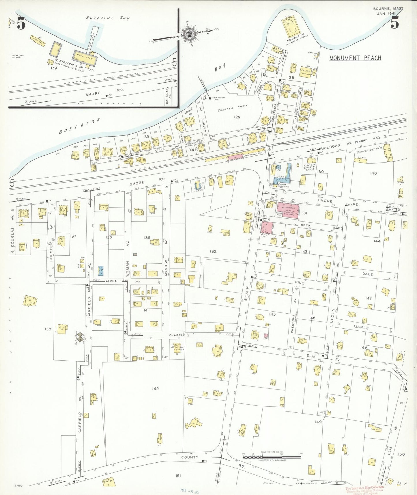 Sanborn Fire Insurance Map from Bourne, Barnstable County, Massachusetts (1941), Sheet #0005 - Complete Map Set gallery image, historic Sanborn map, vintage wall art, Massachusetts Massachusetts