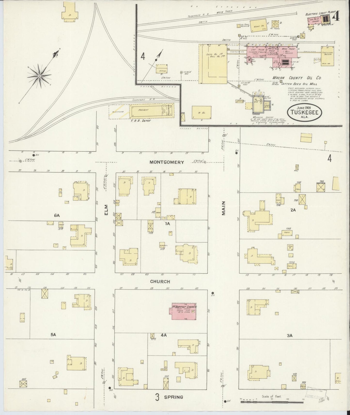 Sanborn Fire Insurance Map from Tuskegee, Macon County, Alabama (1909), Sheet #0004 - Historic Sanborn Fire Insurance Map Print, vintage old map wall art, antique decor, genealogy gift, Alabama Alabama map