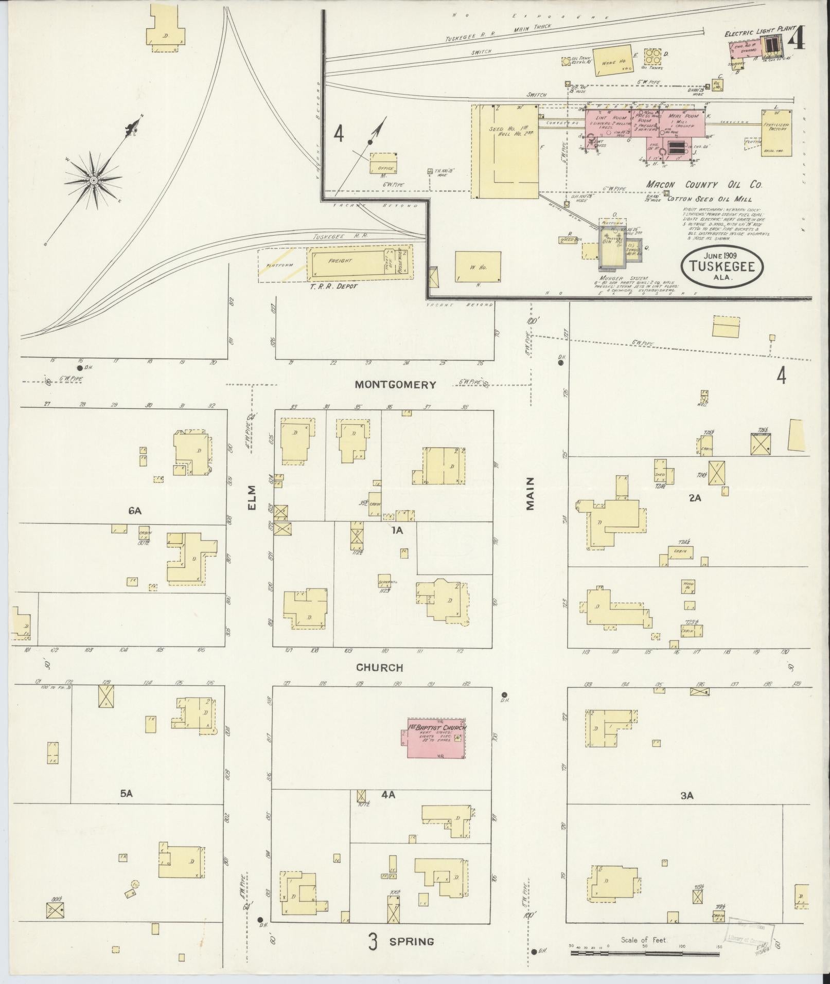 Sanborn Fire Insurance Map from Tuskegee, Macon County, Alabama (1909), Sheet #0004 - Historic Sanborn Fire Insurance Map Print, vintage old map wall art, antique decor, genealogy gift, Alabama Alabama map