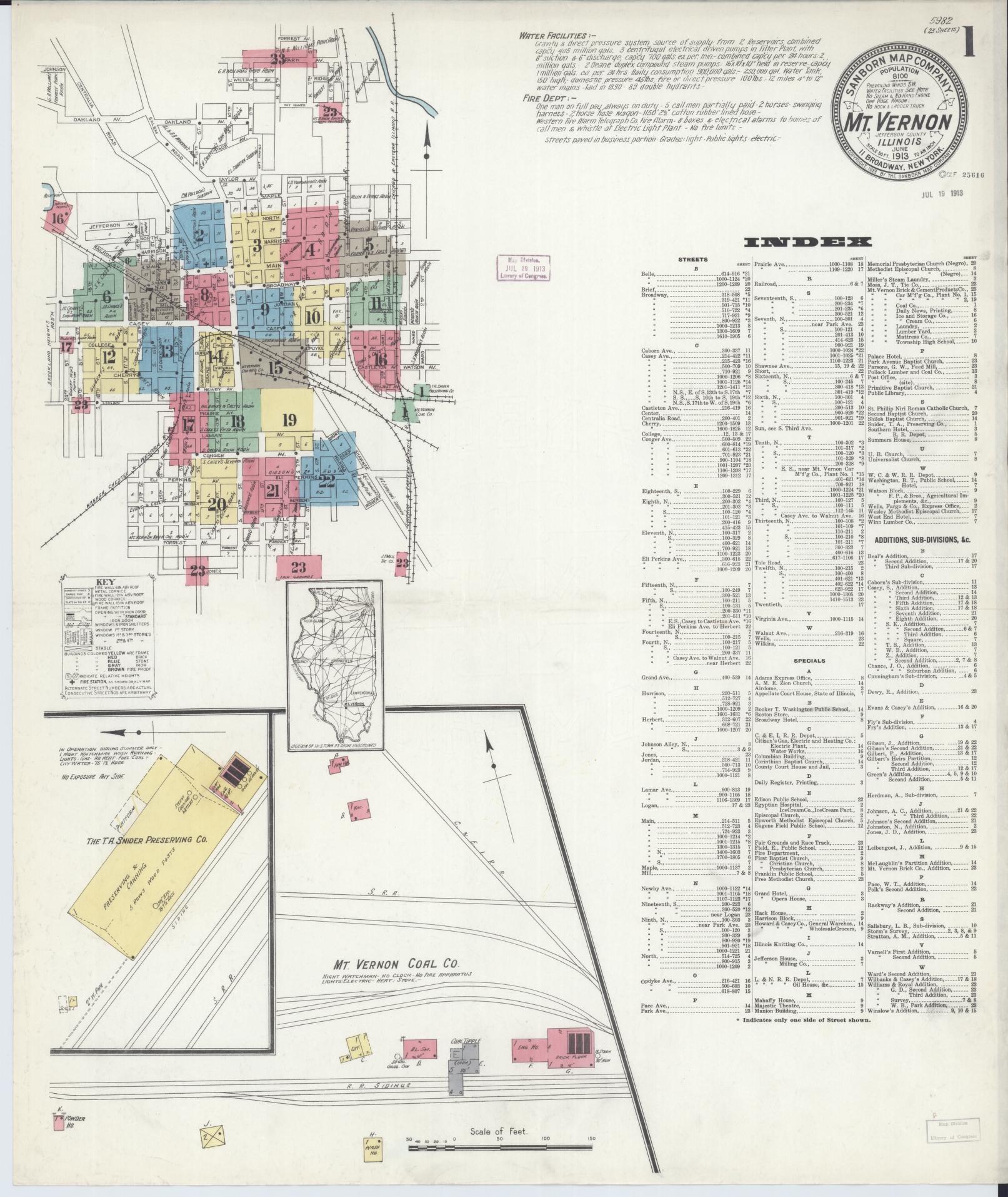 Sanborn Fire Insurance Map from Mount Vernon, Jefferson County, Illinois (1913), Sheet #0001 - Complete Map Set gallery image, historic Sanborn map, vintage wall art, Illinois Illinois