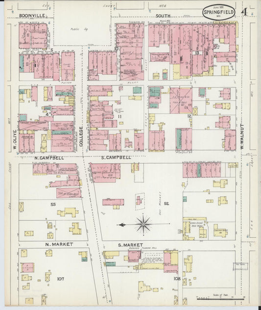 Sanborn Fire Insurance Map from Springfield, Greene County, Missouri (1891), Sheet #0004 - Historic Sanborn Fire Insurance Map Print, vintage old map wall art, antique decor, genealogy gift, Missouri Missouri map