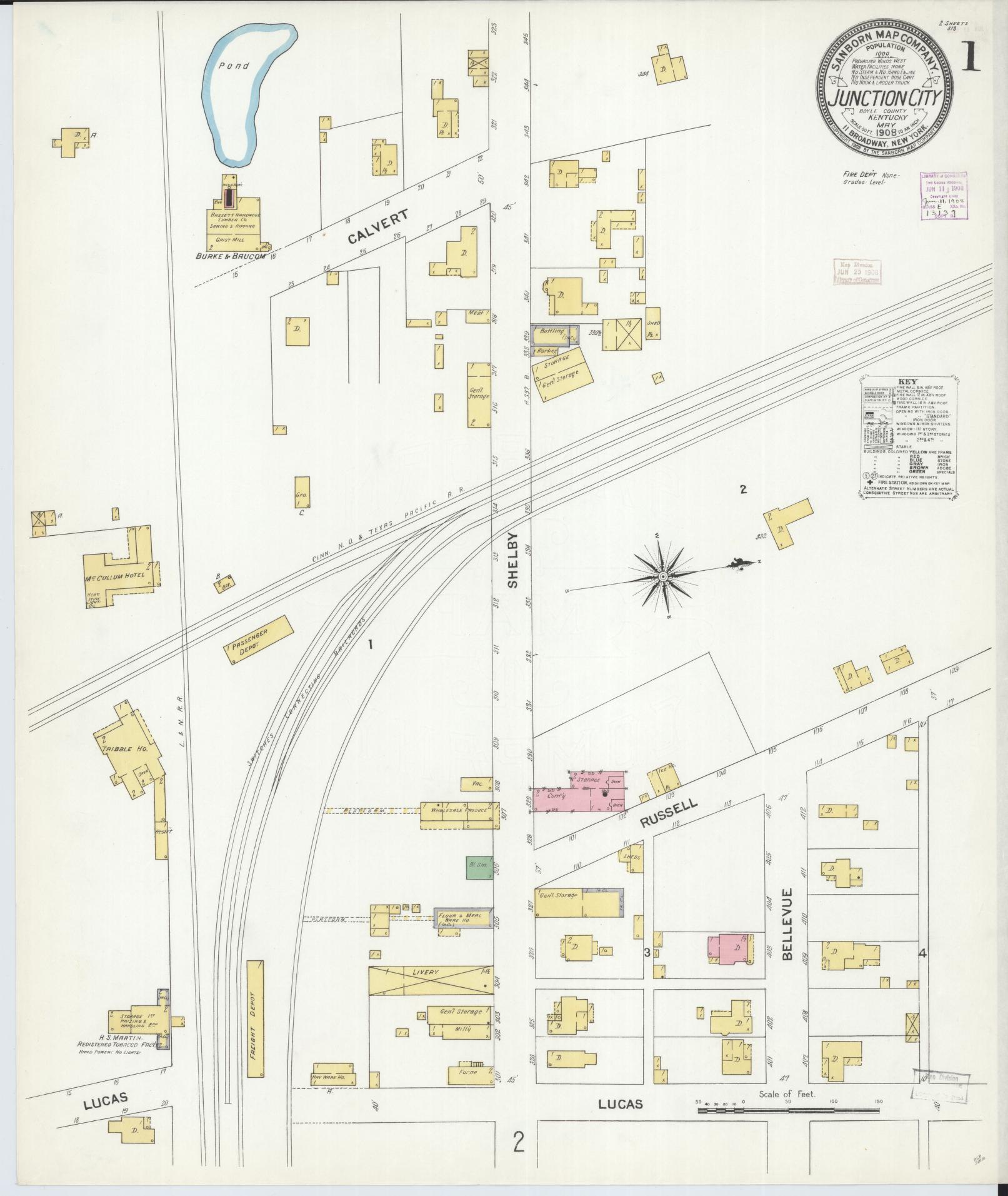 Sanborn Fire Insurance Map from Junction City, Boyle County, Kentucky (1908), Sheet #0001 - Complete Map Set gallery image, historic Sanborn map, vintage wall art, Kentucky Kentucky