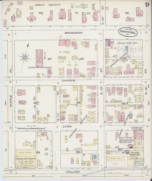 Sanborn Fire Insurance Map from Hannibal, Marion County, Missouri (1885), Sheet #0009 - Historic Sanborn Fire Insurance Map Print, vintage old map wall art, antique decor, genealogy gift, Missouri Missouri map