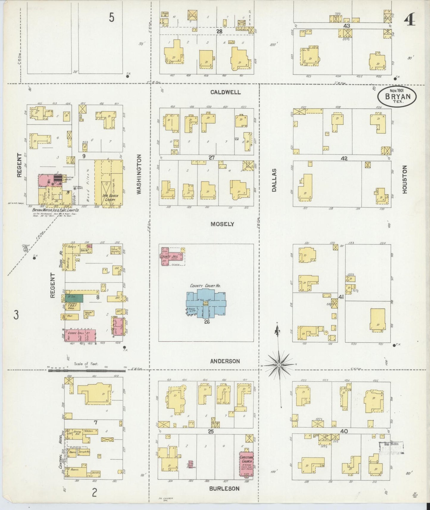 Sanborn Fire Insurance Map from Bryan, Brazos County, Texas (1901), Sheet #0004 - Historic Sanborn Fire Insurance Map Print, vintage old map wall art, antique decor, genealogy gift, Texas Texas map