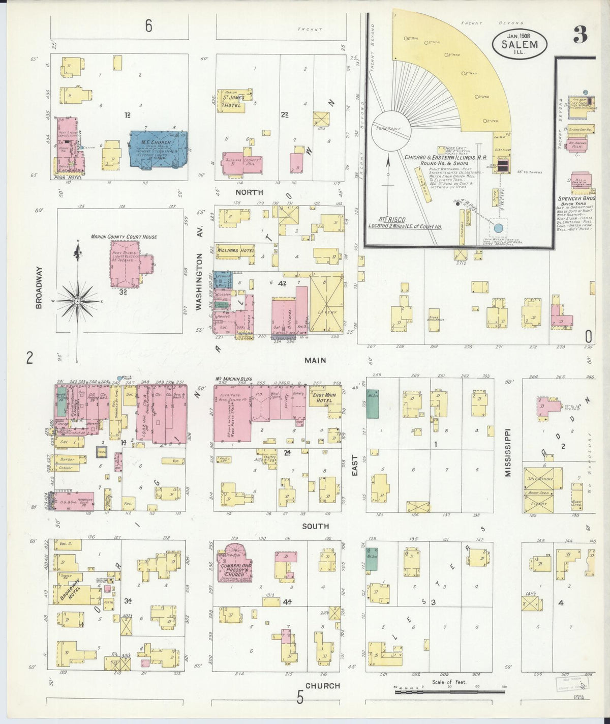 Sanborn Fire Insurance Map from Salem, Marion County, Illinois (1908), Sheet #0003 - Historic Sanborn Fire Insurance Map Print, vintage old map wall art, antique decor, genealogy gift, Illinois Illinois map
