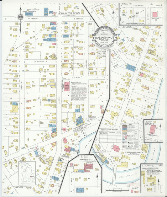 Sanborn Fire Insurance Map from Frankenmuth, Saginaw County, Michigan (1933), Sheet #0001 - Historic Sanborn Fire Insurance Map Print, vintage old map wall art, antique decor, genealogy gift, Michigan Michigan map