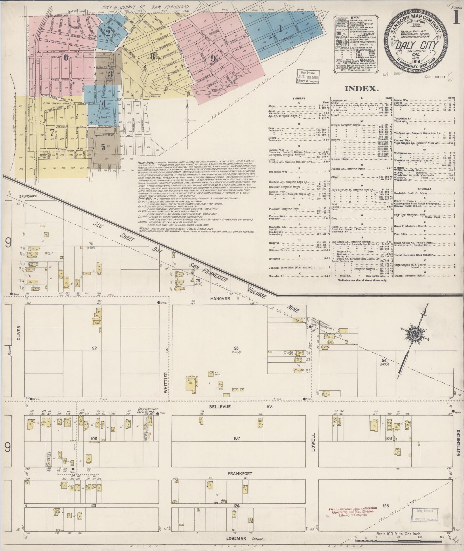 Sanborn Fire Insurance Map from Daly City, San Mateo County, California (1918), Sheet #0001 - Complete Map Set gallery image, historic Sanborn map, vintage wall art, California California